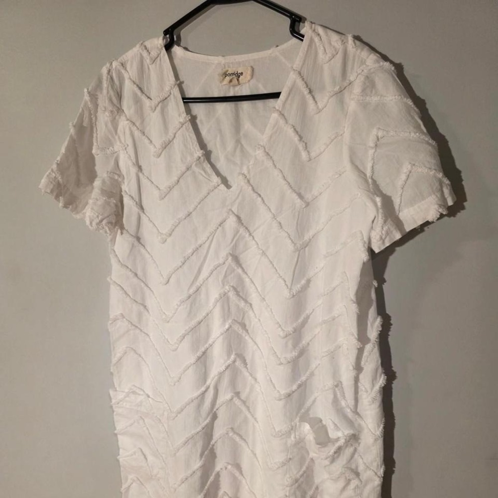 Porridge Anthropologie White Cotton‎ Chevron Fringe V-Neck Tunic Dress Small
